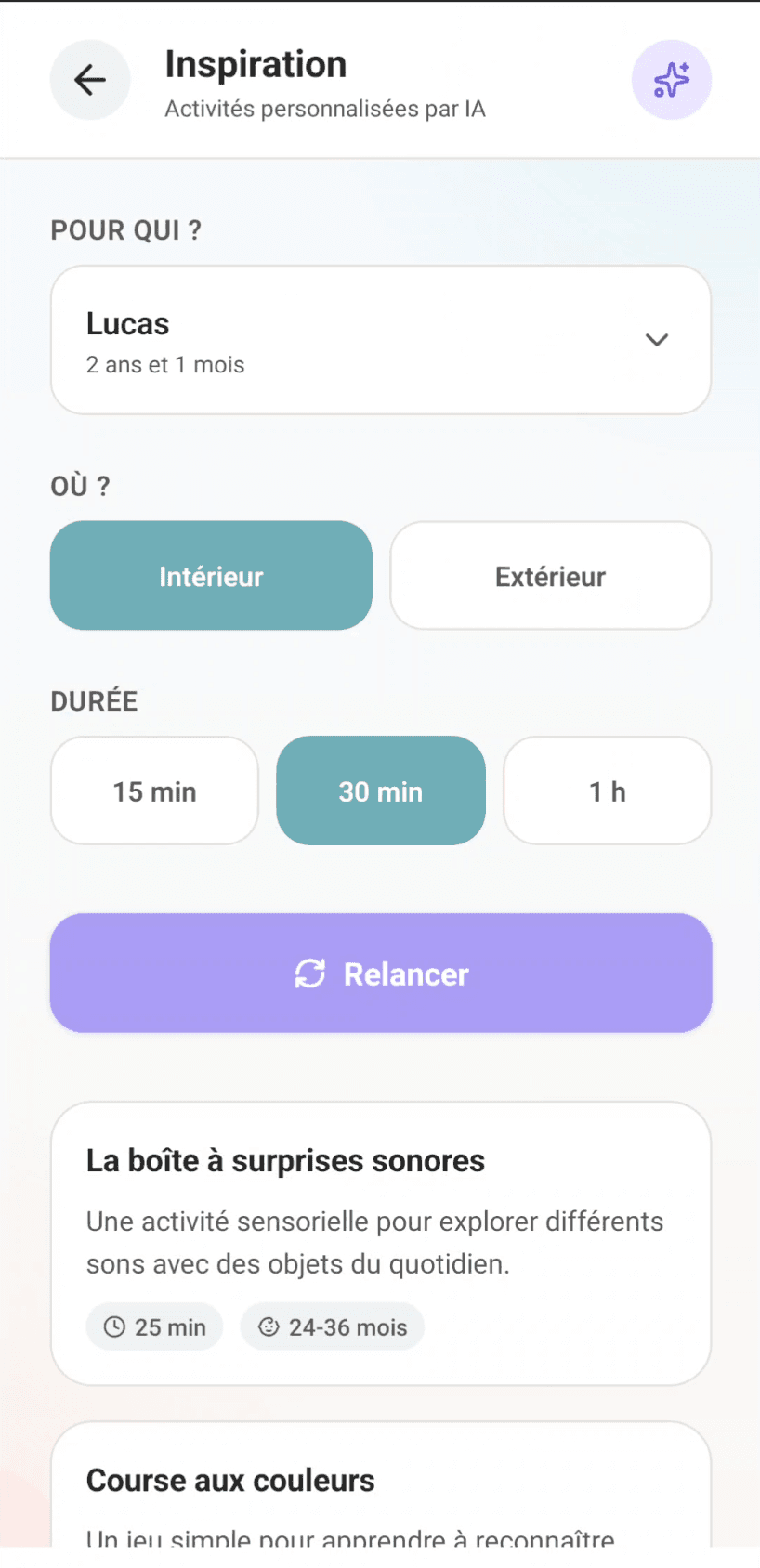 Écran Inspiration — activités personnalisées par IA dans l'app Tiwii