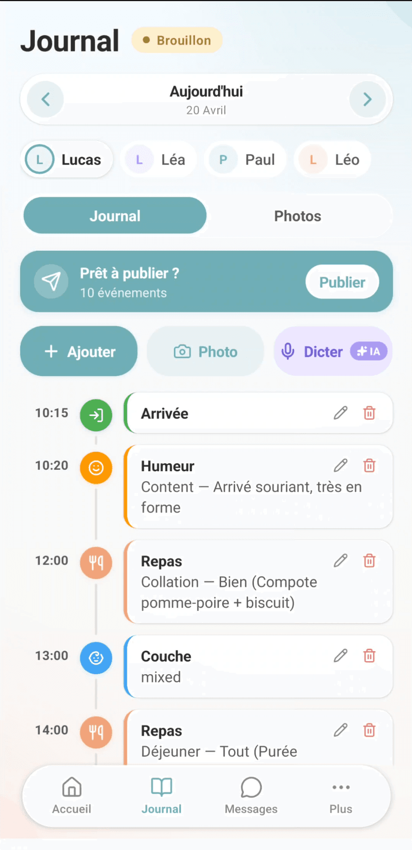 Journal de vie avec dictée vocale par IA dans l'app Tiwii