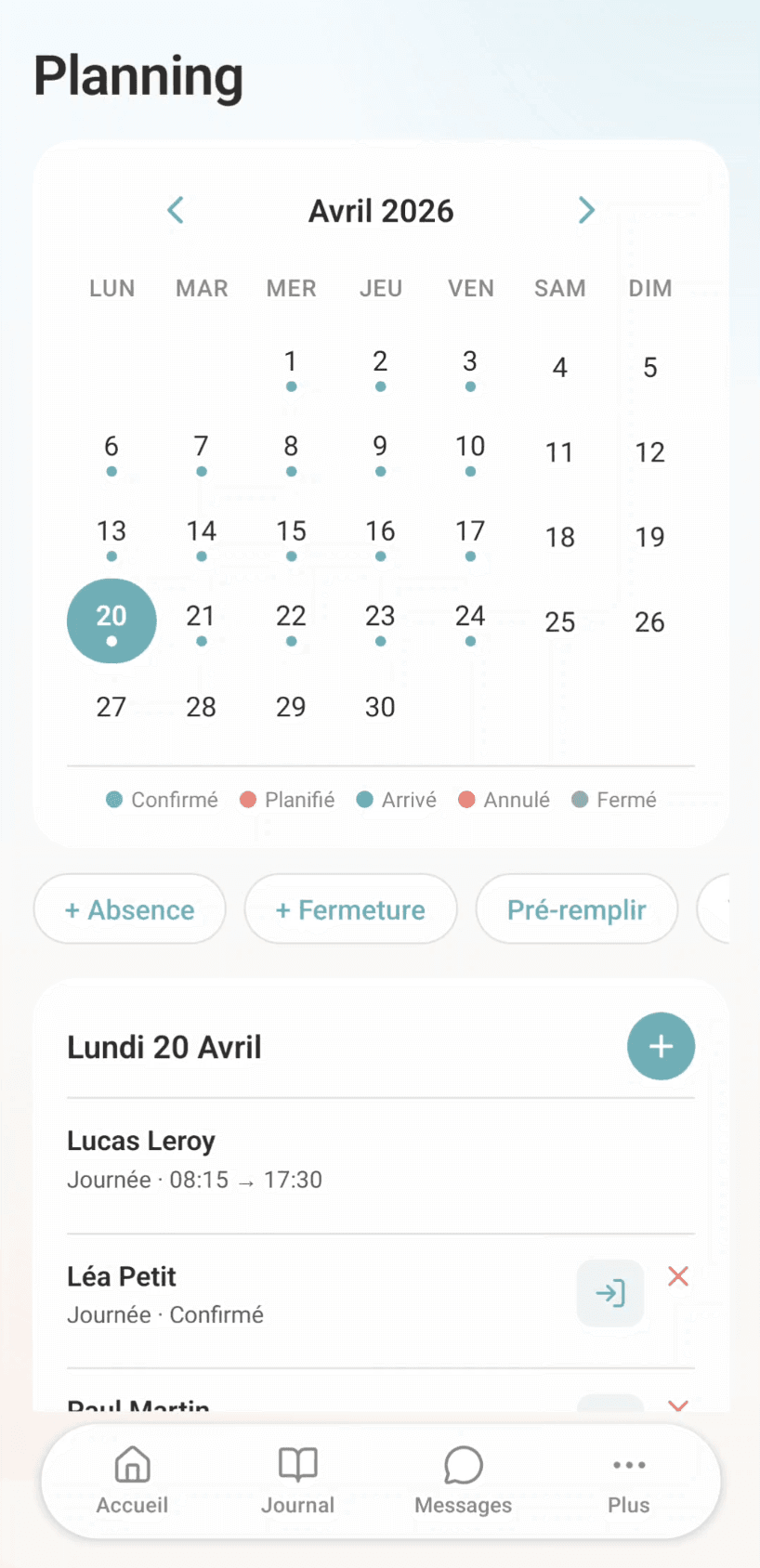 Écran Planning de l'app Tiwii avec calendrier mensuel